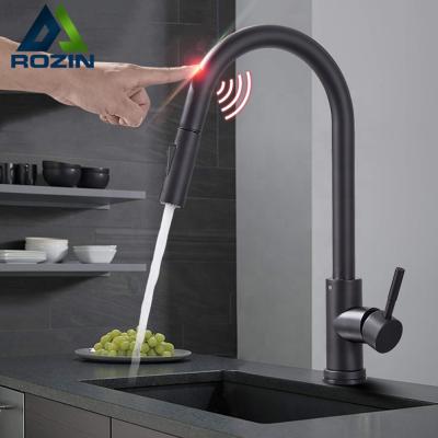 China Sense Faucets New Arrival Rozin Sensor Kitchen Faucet Pull Out Smart Sprayer Black Touch Kitchen Sink Mixer Faucet Deck Mounted for sale