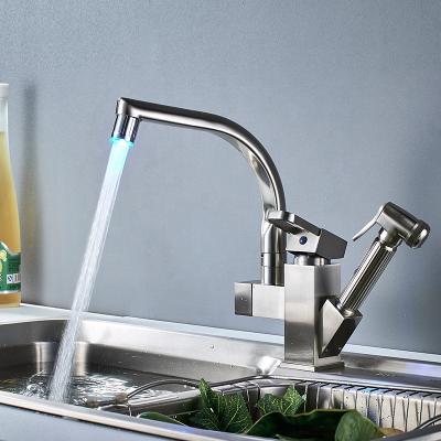 China LED Color Nickel Color Kitchen Faucet LED Light Swivel Spout Kitchen Sink Mixer Tap Deck Mounted Brushed Pull Out/Down Sprayer Vessel Sink Mixer for sale