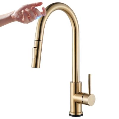 China Sense Faucets Water Saving Faucet Auto Touch Sensor Pull Out Sprayer Gold Brushed High Deck Mounted Luxury Kitchen Faucet Single Handle for sale