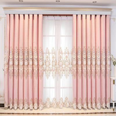 China European High Grade Blackout Chenille Bedroom Curtain Finished Pink Shading Embroidered Gauze Curtain Wedding Room Floor Curtain for sale