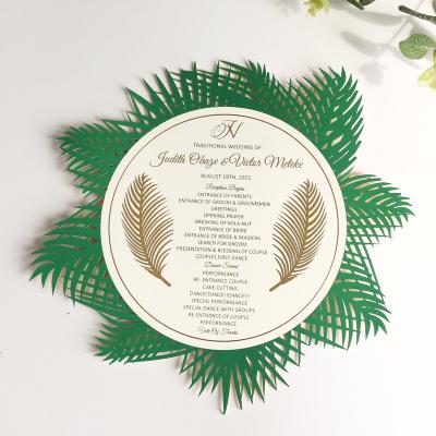 China Custom Europe Feather Pattern Green Tan Leaf Engraving Banquet Hotel Paper Menu Creative Personalized Wedding Card for sale