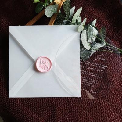 China Tamil Europe Free Printing Fancy Design Round Clear Acrylic Wedding Cards Design with Vellum Paper Envelope for sale