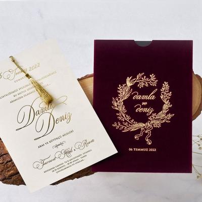 China Europe wedding fancy card design paper material luxury gold foil invitations with velvet pocket for sale