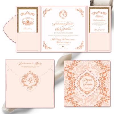 China Europe Blush Pink Hardcover Style Gatefold Wedding Card Invitation for sale