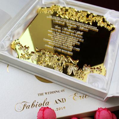 China Europe Box Design Luxury Silk Laser Cut Mirror Wedding Invitations for sale