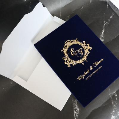 China Europe Factory Price Gold Mirror Invites Velvet Wedding Invitation Navy Blue for sale