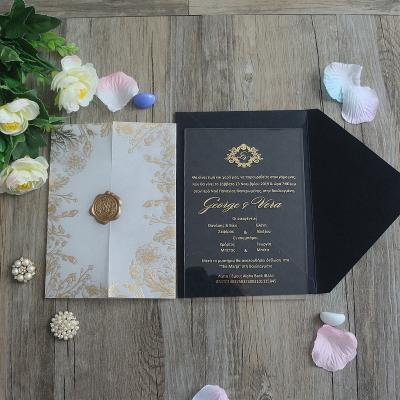 China Europe Clear Acrylic Gold Foil Vellum Paper Envelope Wedding Invitations With Wax Seal for sale