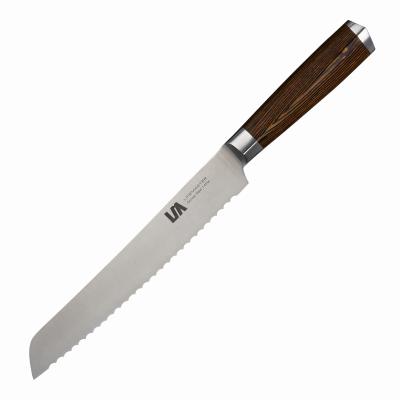 China Amazon Sustainable Success 8 Inch Stainless Steel Kitchen Serrated Bread Knife With Pakka Wood Handle for sale