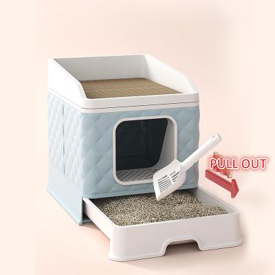 China Durable Plastic Stored Cat Litter Box With Cat Scratching Poop Scoop Collapsible Cat Litter Box for sale