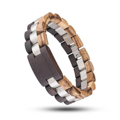 China Hot Selling Men's Stainless Steel Retro Punk Wood Hand Bracelet Stainless Steel DRONDE Fashion Wooden Bracelet Dropshipping for sale