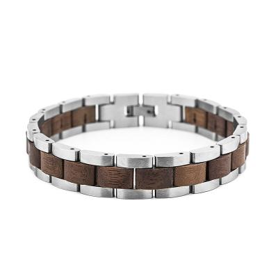 China Vintage Fashion Accessories Walnut Sandalwood Bangles Personalized Custom Logo Stainless Steel Adjustable Wooden Bangle for sale