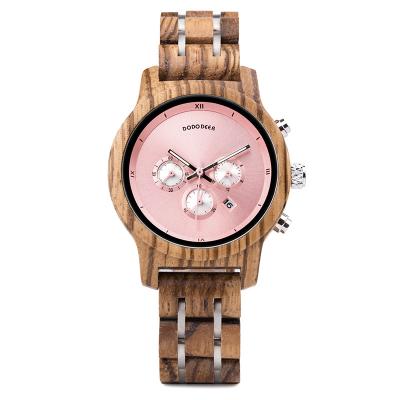 China 2020 DRONTE DEER Automatic Date Drop Date Automatic Womens Watches Handmade Natural Wooden OEM With Pink Dial for sale