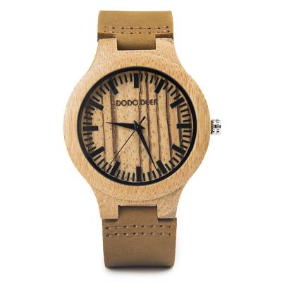 China Fashion wood simple leather strap wooden RED DRONTE case chronograph quartz bamboo watch watch OEM for sale