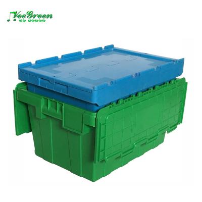 China Solid Box Lid Strapped Plastic Tote Box / Plastic Storage Container Plastic Mobile Crate for sale