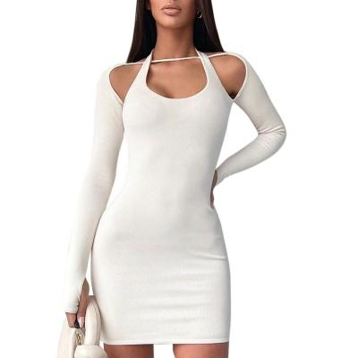 China New style dress 2022 summer hot breathable Europe and America solid color long sleeve neck wrap hip dress for sale