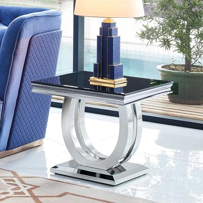 China Modern Stylish Metal Glass Top Square Side Table End Table Design Modern Coffee Table for sale