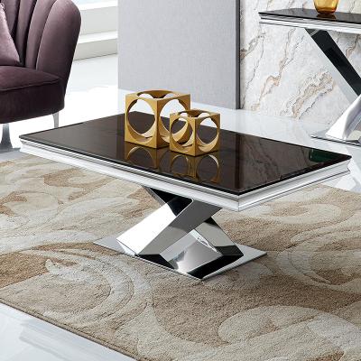 China Glass top modern stainless steel living room rectangle coffee table furniture in gold or silver for sale