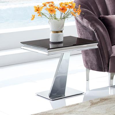 China Coffee Table Living Room Furniture Glass Top Glass Side End Table Stainless Steel for sale