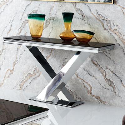 China 201 stainless steel glass top modern silver console table, glass console table for sale