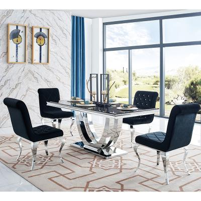 China Glass Top Luxury Glass Dining Table Set Furniture Dinner Dining Table Set And 6 Chairs Stainless Steel Rectangle for sale