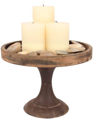 China Rustic Distressed Natural Pedestal Natural Hardware Tray Decorative Pillar Candle Holder Wood and Metal for sale