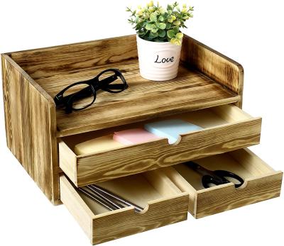 China Viable Burnt Wood Cart Office Desk Organizer Office Supplies Document and File Holder Tray with 3 Drawers for sale