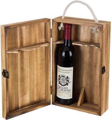 China Handmade Dark Torched Wooden Top Handle Double Bottle Wine Crate Hinged Lid Carrier for sale