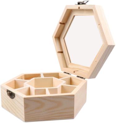 China Handmade Custom Hexagon DIY Trinket Keepsake Storage Organizer Box Wooden Jewelry Box for Ring Bracelet Watch Necklace Earrings for sale