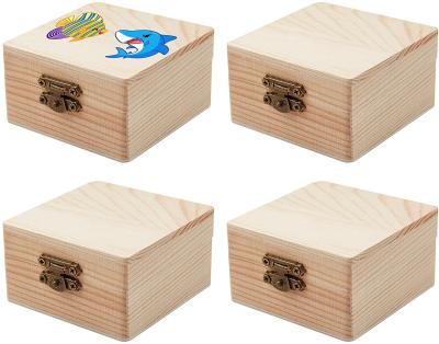 China 4PCS Handmade Unfinished Wood Square Small Wooden Craft Box with Hinged Lid and Front Clasp for DIY Easter Arts Hobby Jewelry Box for sale