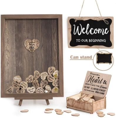 China Personalized Natural Material Rustic Wood Drop Top Frame Sign Book Wedding Guest Book Alternative With Wooden Hearts 80pcs for sale