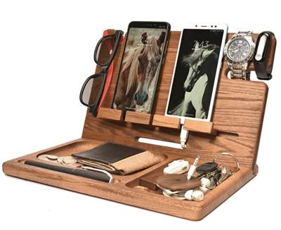 China Waterproof Men Charging Nightstand Accessory Mobile Phone Gadget Organizer Father Wooden Docking Station Tray for sale