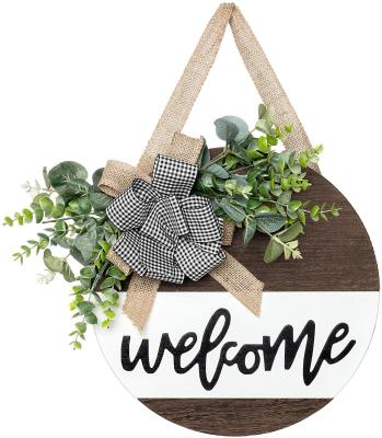 China Europe Front Door Decor Round Wood Rustic Hanging Farmhouse Porch Welcome Sign with Artificial Eucalyptus for sale