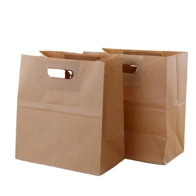 China Recyclable Recycled Fast Food Lunch Take Away Kraft Paper Packaging Bag With Handle for sale