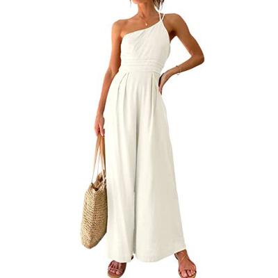 China Breathable Soft Sleeveless Loose Playsuit Summer Tank Top One Piece Set Casual One-Shoulder Pleated High Waist Wide-Leg Plus Size Jumpsuit for sale