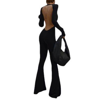 China Breathable Custom Casual Coverall Long Sleeve Backless Tops Slim Straight Wide Leg Pants Black One Piece Set High Street Plus Size Jumpsuit for sale