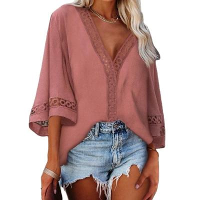 China Anti-pilling Shirts Summer Hollow Out Lace Patchwork Blouses Fashion Women Short Sleeve Tops Causal V-Neckline Streetwear Loose Clothes for sale