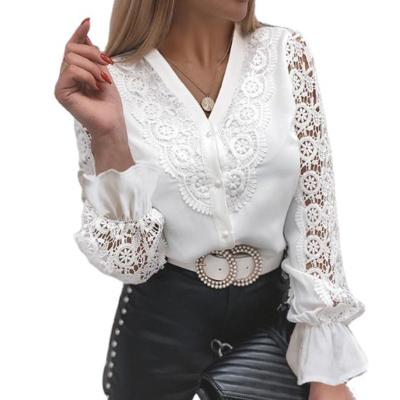 China Women Clothes Vintage Sustainable Fashion Full Sleeve Mesh Crochet White Plus Size Long Sleeve Blouse Spring Button Solid Hollow Lace Sexy Shirt for sale