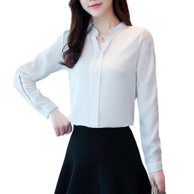 China Solid White Dress Women Dress Shirt Viable Casual Slim V-Neck Long Sleeve Tops Office Lady Chiffon Elegant Hollow Out Blouse Plus Size for sale