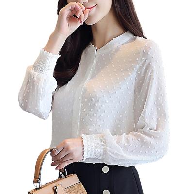 China Sustainable Korean Snowflakes Button O-Neck White Blouse Fashion Tops Casual Office Work Womens Clothing Spring Long Sleeve Plus Size Shirt for sale