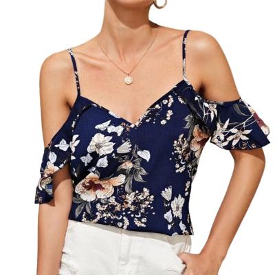 China Summer Viable Women's Clothing Elegant Off-Shoulder Ties Loose Chiffon Blouse Butterfly Sleeve Printed Vest Plus Size Top Casual Shirt for sale