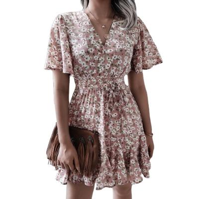 China Custom Made Casual V-Neck Viable Floral Chiffon Women Dress Short Sleeve Printing Mini Dress Sexy Pleated Summer Dresses Fashion Clothes for sale