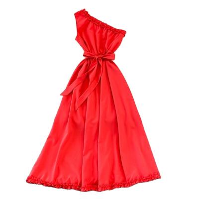 China Fashionable custom-made diagonal collar dress sexy summer slanted one-shoulder fungus one-line dress temperament seaside holiday elegant dress for sale