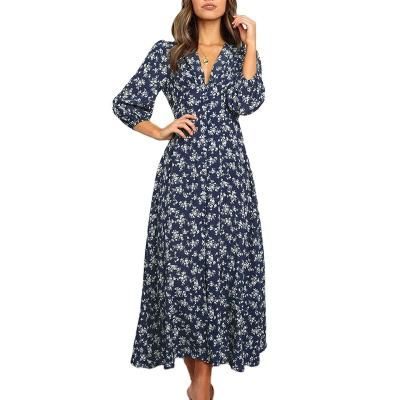 China Autumn Vintage Floral Print Fashion Single Breasted Button Dresses Custom Viable Long Lantern Sleeve For Women High Waist Long Dress for sale