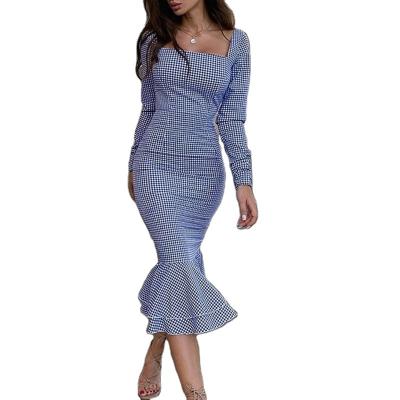 China Fashionable Custom Fashion Plaid Dress Blue White Women Sheath Long Sheath Dresses Spring Slim Zipper Dress Square Collar Vestido Feminino for sale