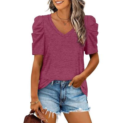 China New Fashion Breathable Custom Made Summer Bubbling Casual Loose Short Sleeve V-Neck T-Shirts Women Tops T-shirt Solid Plain Cotton Stitching Clothes for sale