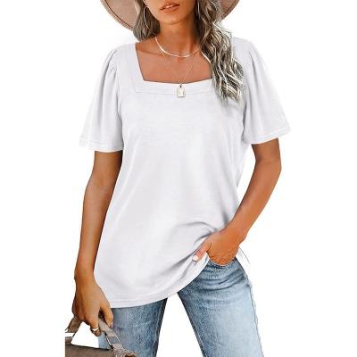 China New Custom 2022 Square Collar Summer Sleeve T-Shirts Bubbling Soft Women Breathable Short Tops Fashion Striped T-shirt Clothes Blusas Tees for sale