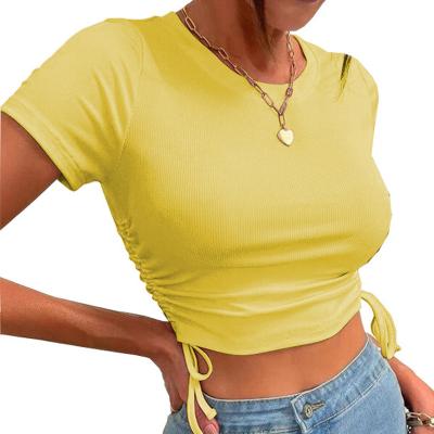 China 2022 Summer New Fashion Breathable Custom Short Sleeve Solid Color Navel-Baring Drawstring Slim Fit Sexy Shirts Women Tops Clothes for sale