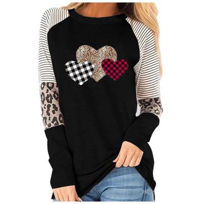 China Anti-Wrinkle Long Sleeve Stripes Heart Print Patchwork Street Clothes Tee Casual O-Neck Loose Fashion Tops Leopard Plus Size T Shirt for sale