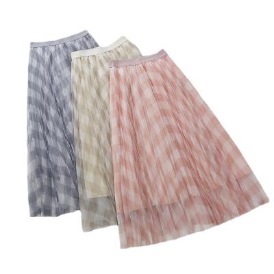 China Plaid Mesh Pleated Skirt Sweet Elastic All-match Casual Viable Gauze Fairy Skirt Vintage Line One Line Double Top Plus Size Skirt Women for sale