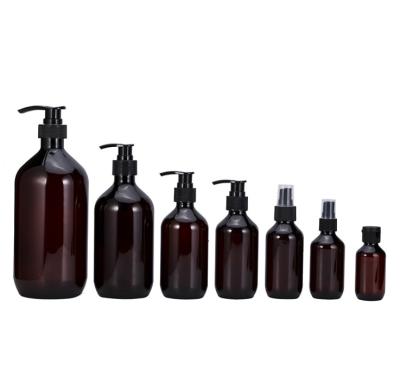 China 100ml Long Neck Cosmetic Amber Pet Plastic Bottle With Pump 200ml 500ml for sale